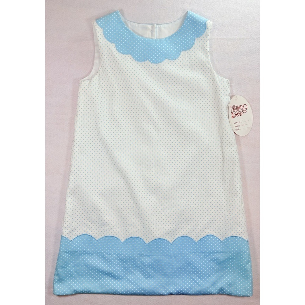 Vintage Mulberry St Blue White Polka Dot Scallop A Line Dress Girls Size 7 USA